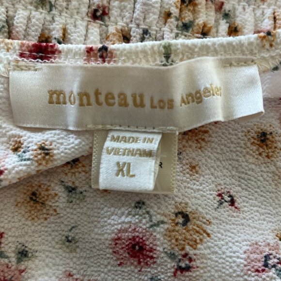 Monteau Button Front Top Womens XL Cream Pink Sweetheart Neck Floral - Picture 6 of 8